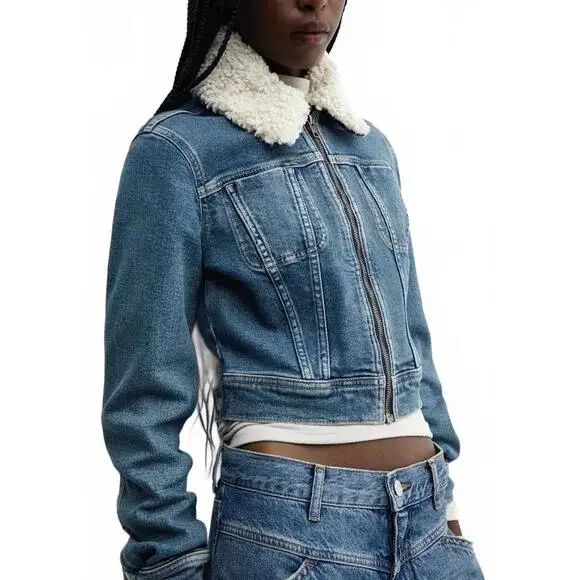 Mango Denim Jacket with Shearling Collar Gio Medium Vintage Blue NWT XXL